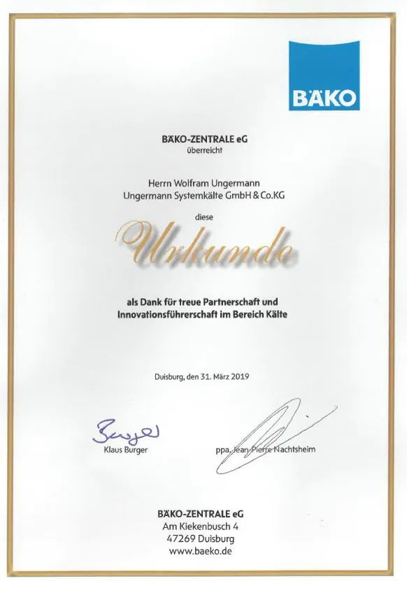 Urkunde der BÄKO-Zentrale eG von 2019 für Ungermann Systemkälte